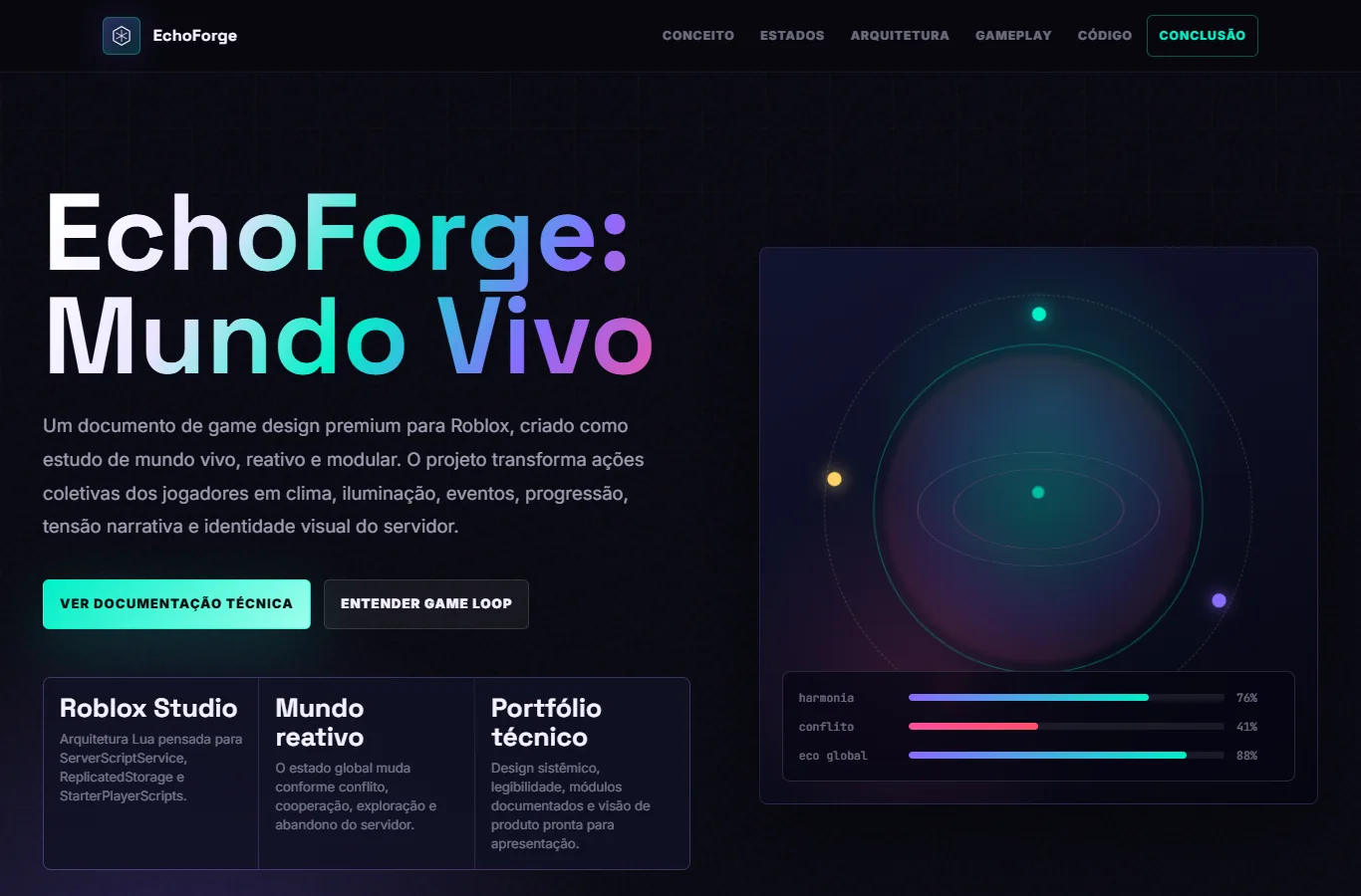 Captura real da apresentação web de EchoForge: Mundo Vivo.